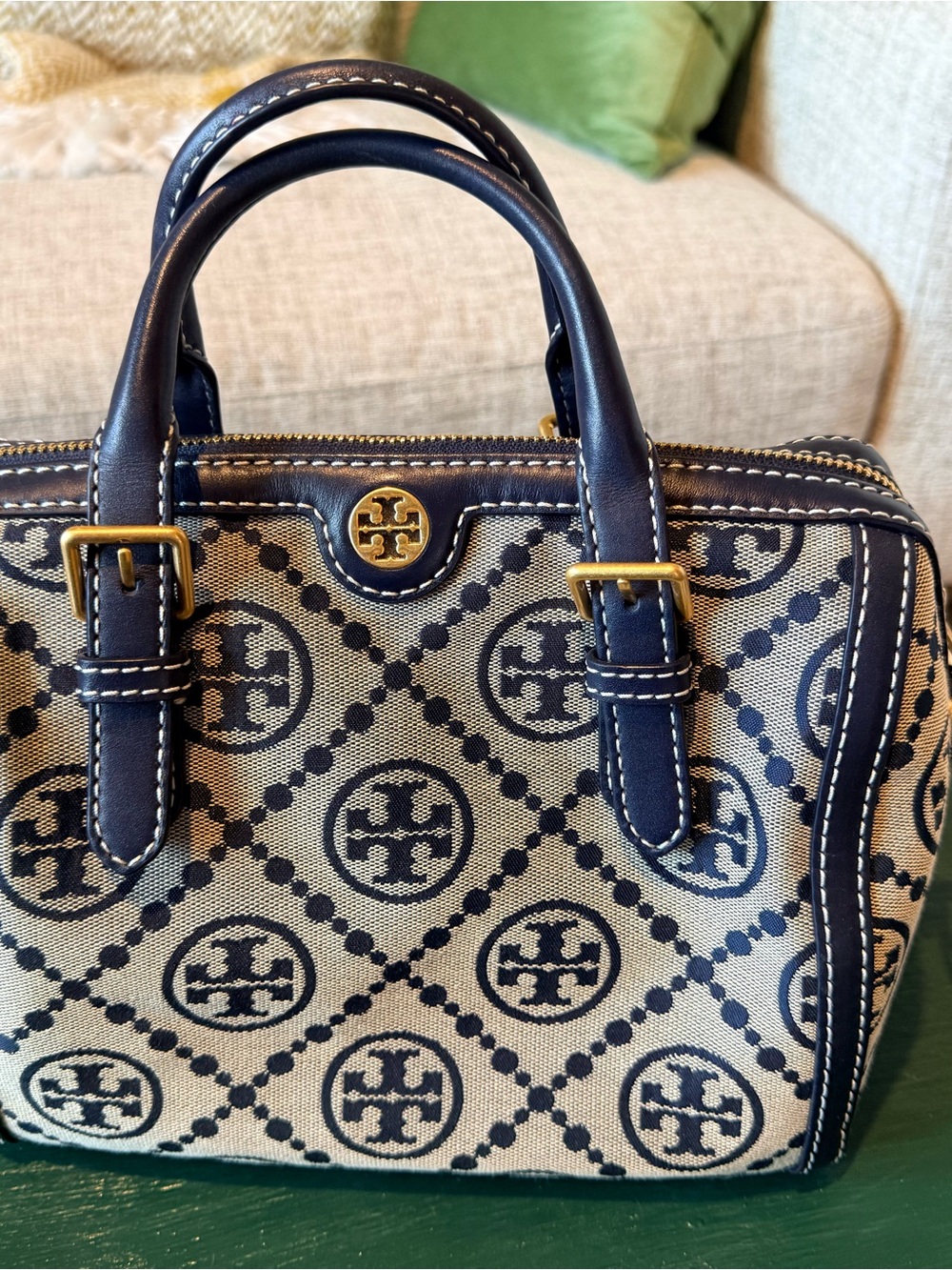 Authentic Tory Burch T Logo Navy and Cream Canvas Satchel with strap. Medium - Picture 3 of 14